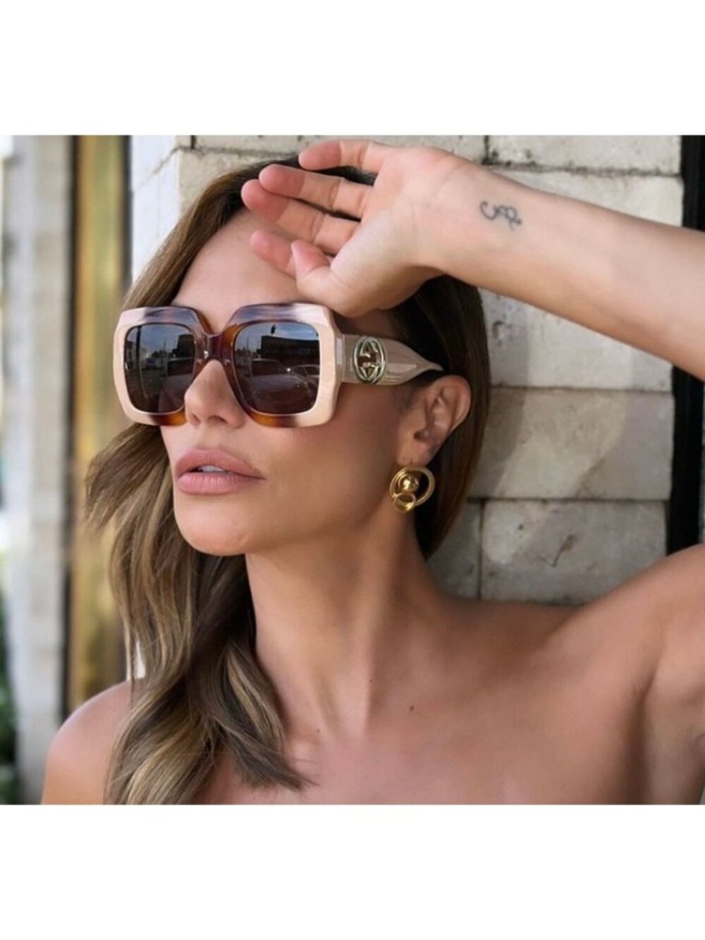 Gucci GG1022S 003 Sunglasses Shiny Havana Gradient Ivory Square Frame - Picture 4 of 12